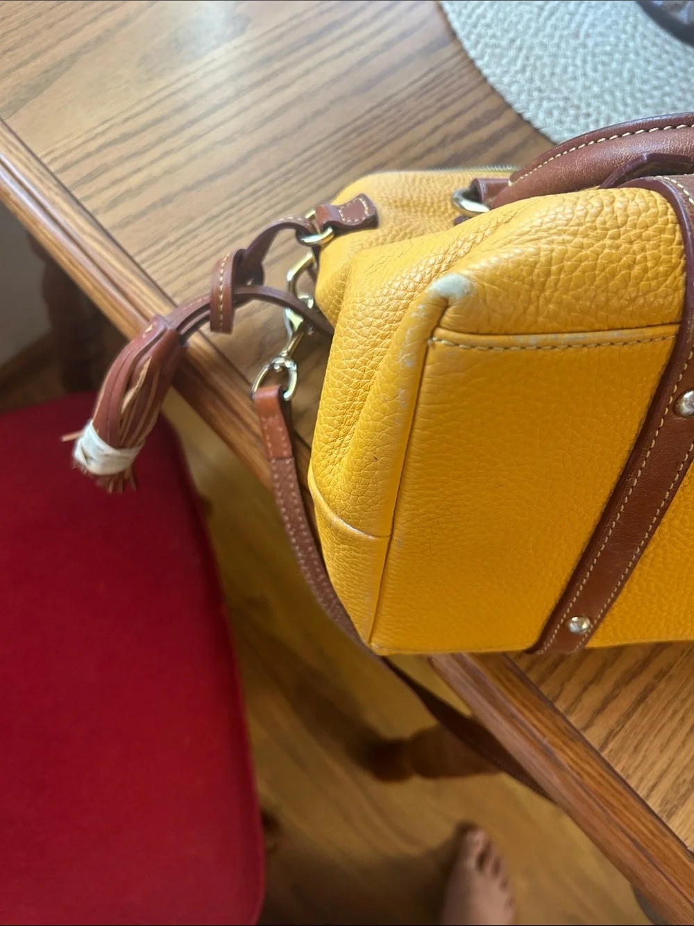 Dooney & Bourke Yellow Leather Satchel with Brown Trim and Strap